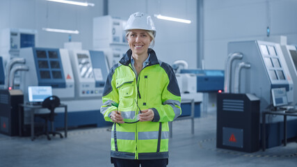 Beautiful Smiling Female Engineer Wearing Safety Vest and Hardhat Holds Safety Goggles....