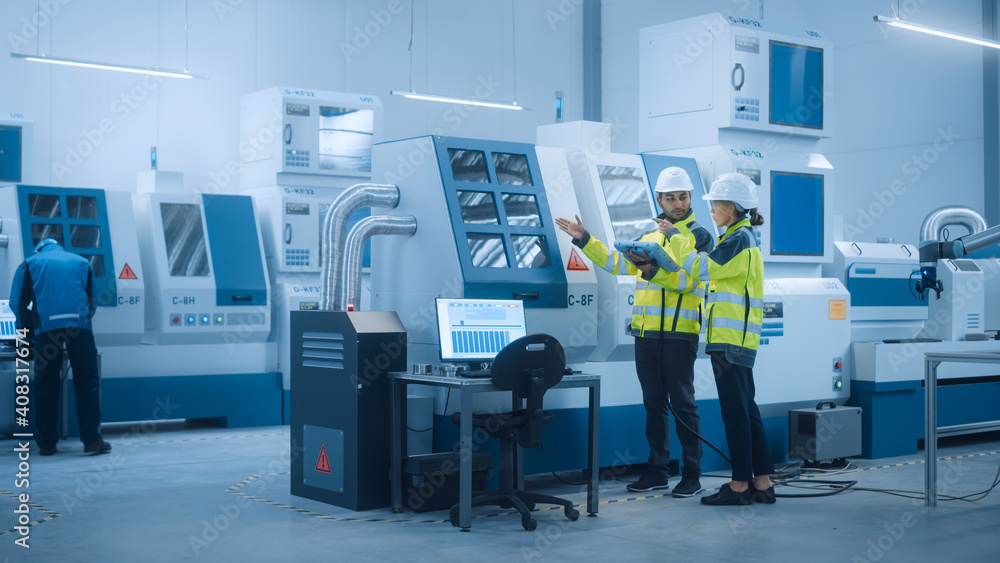 Poster Chief Engineer and Project Manager Wearing Safety Vests and Hard Hats, Use Digital Tablet Controller in Factory, Optimizing CNC Machinery Programming Machine for Increasing Production Line Efficiency 