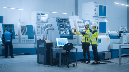 Chief Engineer and Project Manager Wearing Safety Vests and Hard Hats, Use Digital Tablet Controller in Factory, Optimizing CNC Machinery Programming Machine for Increasing Production Line Efficiency  - Powered by Adobe