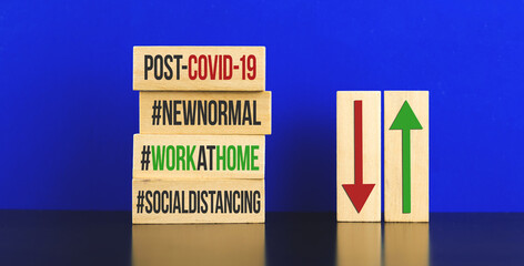 Post-COVID-19 business concept banner, new normal, stay safe and work at home, pandemic influence and performance