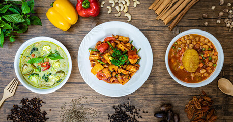 Vegetarian Sweet and Sour Vegetables and Vegetarian Massaman Curry and Vegetarian Thai Green Curry...