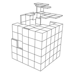 Abstract broken 3d cube. Broken polygonal form. Destruction effect. Vector illustration