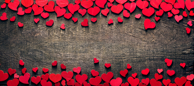 Valentine Card - Red Hearts On Wooden Table