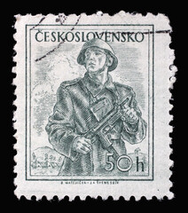 Stamp printed in Czechoslovakia shows Soldier, Professions series, circa 1954