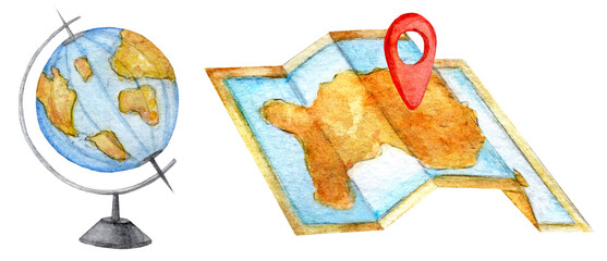 Travelling watercolor illustration of globe and paper map. Travel the world, school geography, cartography concept