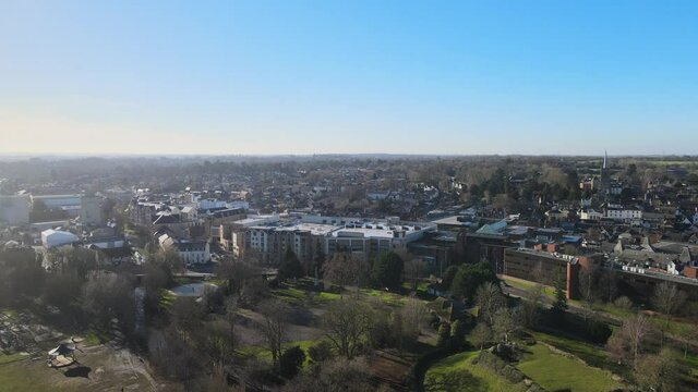 Bishop Stortford town centre and castle Hertfordshire UK Aerial rising drone 4k.