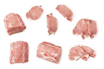 Raw pork meat set isolated on white background. Whole piece and slicing meat. Flat lay, top view