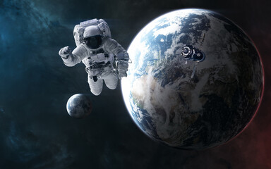 Obraz na płótnie Canvas Astronaut on background of planet Earth and the moon. Solar system. 3D Render. Science fiction. Elements of this image furnished by NASA
