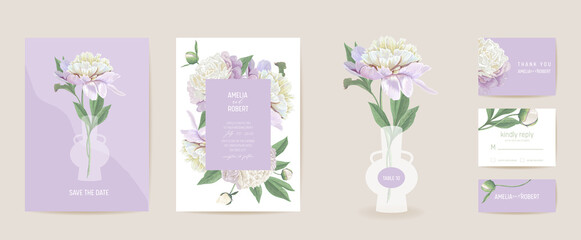Peony flowers watercolor wedding card. Vector spring floral invitation. Rustic floral blossom. Boho template frame