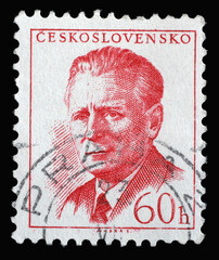 Stamp printed in Czechoslovakia shows a portrait of President Antonin Novotny, circa 1958