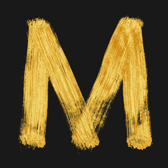 Hand drawn golden alphabet letter M. Letter drawn with dry brush. Hand painted style. Isolated. Gold glittering letter. - obrazy, fototapety, plakaty
