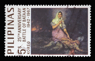 Stamp printed in Philippines shows Succour, by Fernando Amorsolo, 25th anniversary of the Battle of Bataan, circa 1967