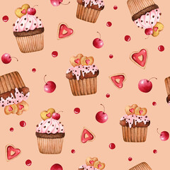 Seamless watercolor pattern of sweet desert. Cupcake, hearts, chocolate. Love illustration for Valentines, wedding, scrapbooking, card, invitation