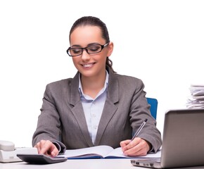 Young businesswoman in office isolated on white