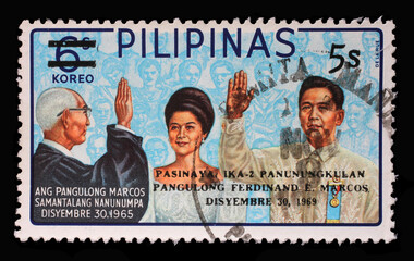 Stamp printed in Philippines shows Ferdinand Marcos Inauguration, 2nd-term inauguration of...
