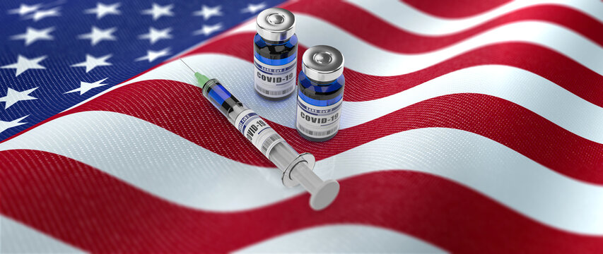 A syringe and two bottles of COVID-19 vaccine on a USA flag. Covid vaccination in Great Britain. 3d illustration