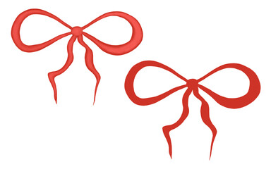Set of red-brown bows on a white background. Nicely tied satin ribbon. Decoration of bouquets, gifts, postcards. Watercolor illustration.