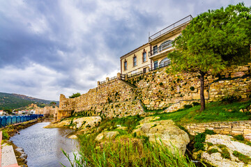 Fototapeta na wymiar Foca Castle view in Foca Town. Foca is populer tourist destination in Turkey.