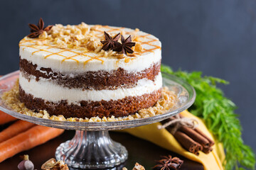 Homemade easter carrot cake with walnuts, nuts, spices