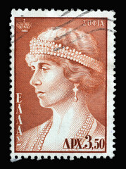 Stamp printed in Greece shows Sophia of Greece and Denmark who served as Queen consort of Spain...