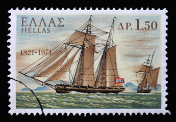 Stamp printed in Greece from the 150th Anniversary of War of Independence, shows warship Terpsichore, circa 1971.