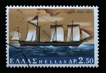 Stamp printed in Greece from the 150th Anniversary of War of Independence, shows warship Karteria, circa 1971.