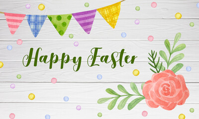 Happy Easter watercolor background. Flowers watercolor elements, colored flags.