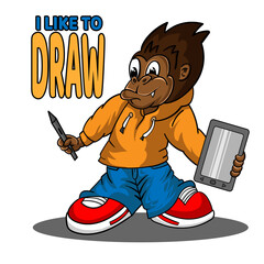 gorilla cartoon vector illustration holding tablet drawing
