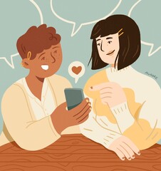 Friends on social medias. Women talking with a smartphone in their hands. Giving likes. 