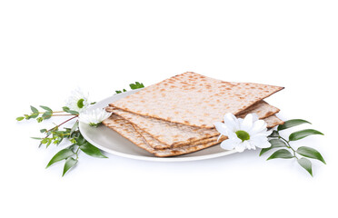 Jewish flatbread matza for Passover and flowers on white background