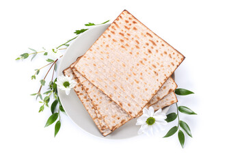 Jewish flatbread matza for Passover and flowers on white background