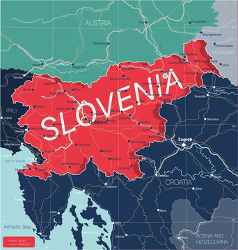 Slovenia country detailed editable map with regions cities and towns, roads and railways, geographic sites. Vector EPS-10 file