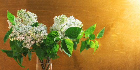 bouquet of white lilac on a wooden background with copy space