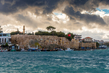Naklejka premium Foca Castle view in Foca Town. Foca is populer tourist destination in Turkey.