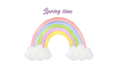 Watercolor rainbow and clouds isolated on white background. Spring time banner.