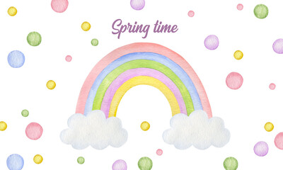 Spring time watercolor background, rainbows, colored balls.