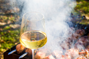 Georgian white wine and wineglass 