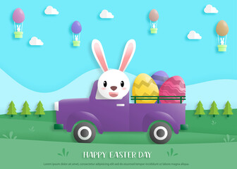 Happy easter day in paper art style with rabbit and easter eggs. greeting card, posters and wallpaper. Vector illustration.
