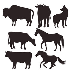 horses and cows black animals silhouettes isolated icons