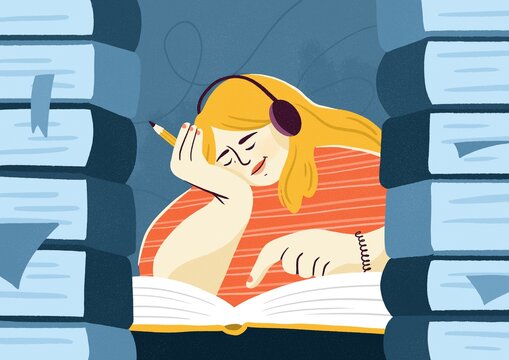 girl in the library. Student reading a book. Woman studying. Deep focus for studies. Pile of books.