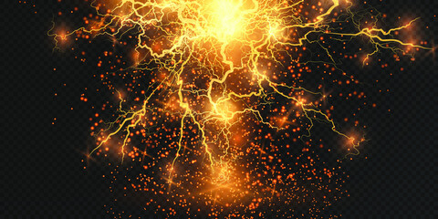 Fototapeta na wymiar Lightning flash light thunder sparks on a transparent background.Fire and ice fractal lightning, plasma power backgroundvector illustration. Lightning PNG. 