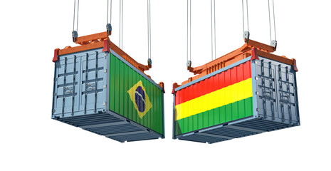 Freight containers with Brazil and Bolivia flag. 3D Rendering 