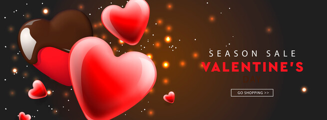 Valentines day sale. Web banner template with red hearts background, vector illustration.