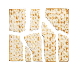 Broken Jewish flatbread matza for Passover on white background