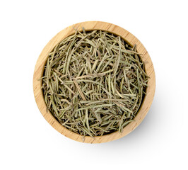 Dry rosemary in wooden bowl isolated on white background ,include clipping path