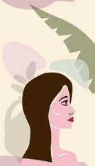Woman portraite minimal abstract contemporary style. Female face flora leaves shapes vase silhouette