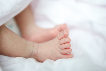 close up the feet of a newborn baby wearing a dress on white background	