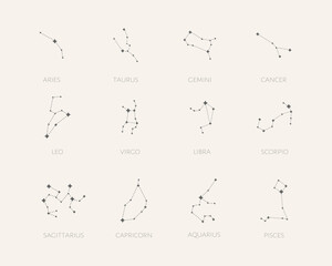 Set of 12 zodiac signs. Constellation of Aries, Taurus, Leo, Gemini, Virgo, Scorpio, Libra, Aquarius, Sagittarius, Pisces, Capricorn, Cancer.