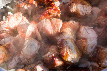 Georgian traditional dish, Mtsvadi on the fire, raw meal on the grill, barbeque