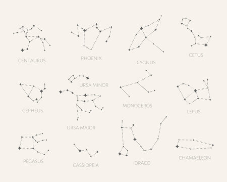 Set of 12 Constellations. Centaurus, Phoenix, Cygnus, Getus, Cepheus, Ursa Minor, Ursa Major, Monoceros, Lepus, Pegasus, Cassiopeia, Draco, Chamaeleon